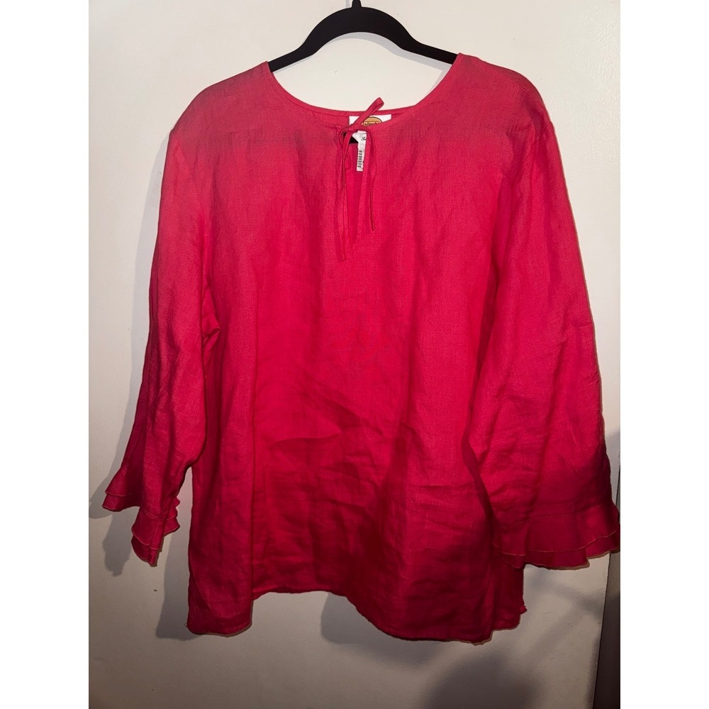 Talbots Irish Linen Ruffle Cuff Tunic Top Pink XL Keyhole Neck 3/4 Sleeve Blouse
